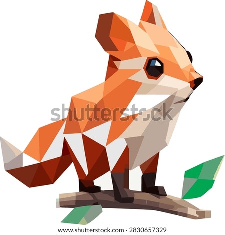 A creative vector illustration of a cute orange fox or squirrel-like animal perched on a branch, designed in modern low poly geometric art style. Isolated on a clean white background, perfect for children's designs and digital graphics.