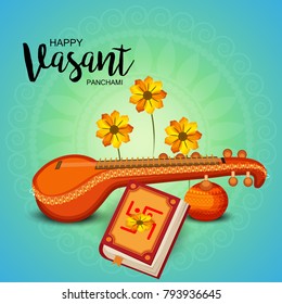 Creative a Vector illustration of Decorated Instrument Veena with Yellow Flower for Happy Vasant Panchami Celebration Background.