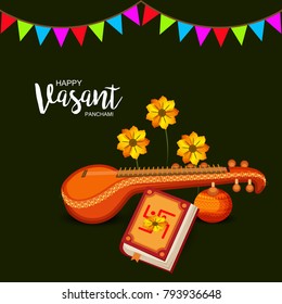 Creative a Vector illustration of Decorated Instrument Veena with Yellow Flower for Happy Vasant Panchami Celebration Background.
