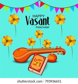 Creative a Vector illustration of Decorated Instrument Veena with Yellow Flower for Happy Vasant Panchami Celebration Background.
