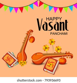 Creative a Vector illustration of Decorated Instrument Veena with Yellow Flower for Happy Vasant Panchami Celebration Background.