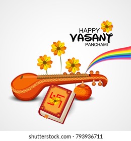 Creative a Vector illustration of Decorated Instrument Veena with Yellow Flower for Happy Vasant Panchami Celebration Background.