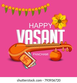 Creative a Vector illustration of Decorated Instrument Veena with Yellow Flower for Happy Vasant Panchami Celebration Background.
