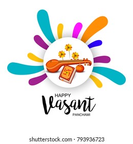 Creative a Vector illustration of Decorated Instrument Veena with Yellow Flower for Happy Vasant Panchami Celebration Background.