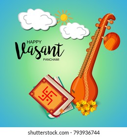 Creative a Vector illustration of Decorated Instrument Veena with Yellow Flower for Happy Vasant Panchami Celebration Background.