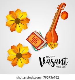 Creative a Vector illustration of Decorated Instrument Veena with Yellow Flower for Happy Vasant Panchami Celebration Background.