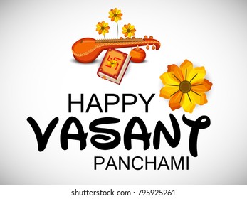 Creative a Vector illustration of Decorated Instrument Veena with Yellow Flower for Happy Vasant Panchami Celebration Background.