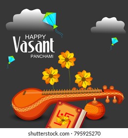 Creative a Vector illustration of Decorated Instrument Veena with Yellow Flower for Happy Vasant Panchami Celebration Background.