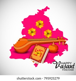 Creative a Vector illustration of Decorated Instrument Veena with Yellow Flower for Happy Vasant Panchami Celebration Background.