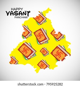 Creative a Vector illustration of Decorated Instrument Veena with Yellow Flower for Happy Vasant Panchami Celebration Background.