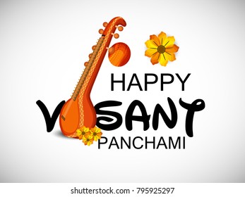 Creative a Vector illustration of Decorated Instrument Veena with Yellow Flower for Happy Vasant Panchami Celebration Background.
