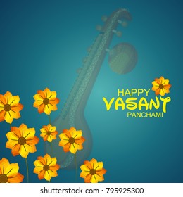 Creative a Vector illustration of Decorated Instrument Veena with Yellow Flower for Happy Vasant Panchami Celebration Background.
