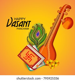 Creative a Vector illustration of Decorated Instrument Veena with Yellow Flower for Happy Vasant Panchami Celebration Background.