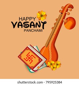 Creative a Vector illustration of Decorated Instrument Veena with Yellow Flower for Happy Vasant Panchami Celebration Background.