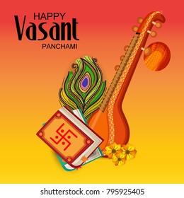 Creative a Vector illustration of Decorated Instrument Veena with Yellow Flower for Happy Vasant Panchami Celebration Background.