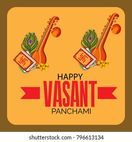 Creative a Vector illustration of Decorated Instrument Veena with Yellow Flower for Happy Vasant Panchami Celebration Background.