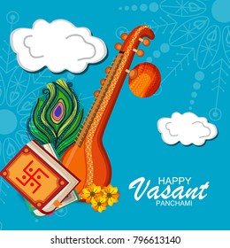Creative a Vector illustration of Decorated Instrument Veena with Yellow Flower for Happy Vasant Panchami Celebration Background.
