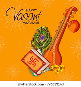 Creative a Vector illustration of Decorated Instrument Veena with Yellow Flower for Happy Vasant Panchami Celebration Background.