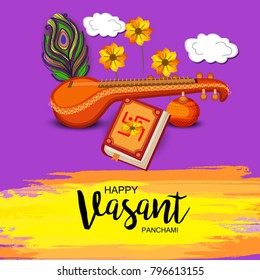 Creative a Vector illustration of Decorated Instrument Veena with Yellow Flower for Happy Vasant Panchami Celebration Background.