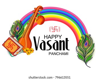 Creative a Vector illustration of Decorated Instrument Veena with Yellow Flower for Happy Vasant Panchami Celebration Background.