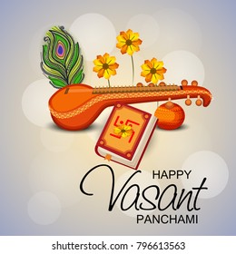 Creative a Vector illustration of Decorated Instrument Veena with Yellow Flower for Happy Vasant Panchami Celebration Background.