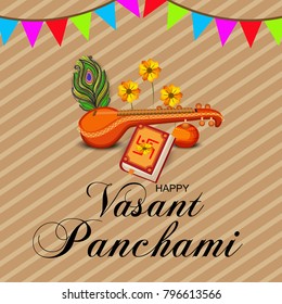 Creative a Vector illustration of Decorated Instrument Veena with Yellow Flower for Happy Vasant Panchami Celebration Background.