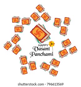 Creative a Vector illustration of Decorated Instrument Veena with Yellow Flower for Happy Vasant Panchami Celebration Background.