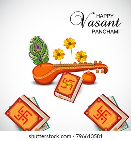 Creative a Vector illustration of Decorated Instrument Veena with Yellow Flower for Happy Vasant Panchami Celebration Background.