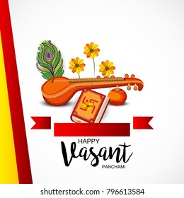 Creative a Vector illustration of Decorated Instrument Veena with Yellow Flower for Happy Vasant Panchami Celebration Background.