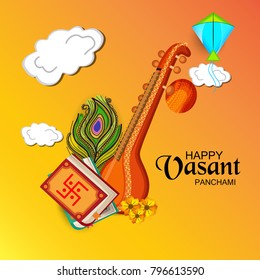 Creative a Vector illustration of Decorated Instrument Veena with Yellow Flower for Happy Vasant Panchami Celebration Background.