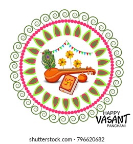 Creative a Vector illustration of Decorated Instrument Veena with Yellow Flower for Happy Vasant Panchami Celebration Background.
