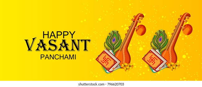 Creative a Vector illustration of Decorated Instrument Veena with Yellow Flower for Happy Vasant Panchami Celebration Background.