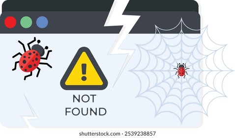 A creative vector illustration depicting a "404 Not Found" error page. The design features a browser window with a warning sign, a ladybug symbolizing bugs or issues, and a spider web with another bug