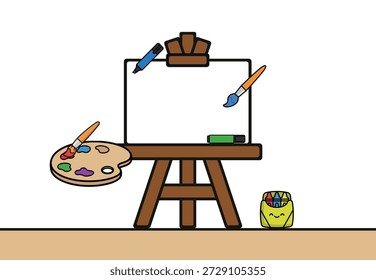 Una Ilustración vectorial creativa que representa el espacio de trabajo de un artista. La Imagen presenta un caballete de madera que sostiene un lienzo blanco en blanco, acompañado de una paleta de pinturas con pinturas coloridas, pinceles y una taza de agua. Este encantador icono de arte lineal plano es ideal para anuncios de escuelas de arte, flyers de talleres de pintura, blogs de pasatiempos creativos y diseño de papelería. El estilo minimalista transmite efectivamente temas de creatividad, educación, diseño y expresión artística, lo que lo hace adecuado tanto para medios digitales como impresos relacionados con las bellas artes.