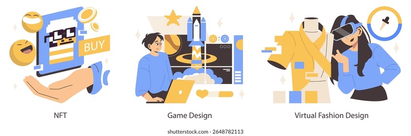 Ilustração vetorial criativa representando uma compra de NFT, uma pessoa trabalhando em um design de jogo com um laptop e uma mulher envolvida em design de moda virtual usando tecnologia VR.
