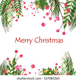 Creative Vector Illustration design for Merry Christmas and happy new year celebration  with decoration of fir leaf , xmas ball with center text of Merry Christmas . Holiday Vector Xmas Illustration.