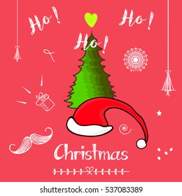 Creative Vector Illustration design for Merry Christmas and happy new year celebration with xmas theme composition decorated with xmas party elements like santa cap, xmas tree , gift , presents floral
