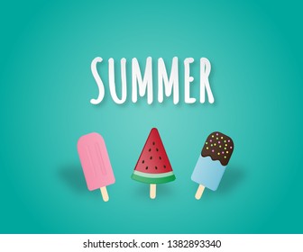 Creative vector illustration dessert with pink strawberry, blue hawaii chocolate and watermelon ice cream. Summer background for poster, postcard, banner, flyer, wallpaper, advertising template.
