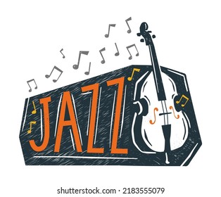 Creative vector illustration with double bass instrument and musical notes pictures and Jazz inscription against white background