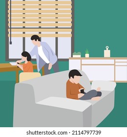 Creative Vector illustration drawing of a boy is playing a game on a mobile phone, with a father teaching his daughter a new game in the background. Modern Design Illustration Vector 