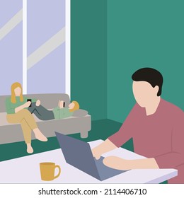 Creative Vector illustration drawing of businessman father distance worker remote working online from a home office with family. Busy parent dad using laptop computer sitting at the table in the home 