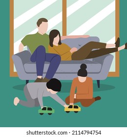 Creative Vector illustration drawing of Children sister and brother playing drawing together on floor while young parents relaxing at home on sofa, little boy girl having fun. Modern Design