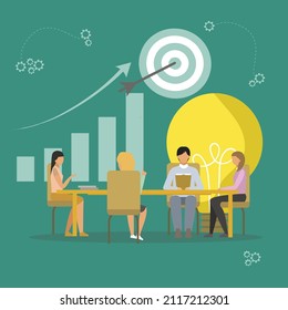 Creative Vector illustration drawing of the company's leaders are in a meeting together, some are thinking about ideas, targets, achievements, and work processes. Modern Design Illustration Vector