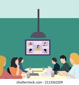 Creative Vector illustration drawing of Diverse company employees having online business conference video call on tv screen monitor in board meeting room. Videoconference presentation concept. Design