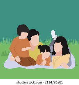 Creative Vector illustration drawing of Family and small children with a book outdoors in spring nature, resting. family vacation concept. Modern Design Illustration Vector 