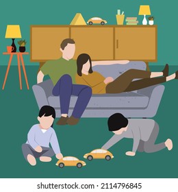 Creative Vector illustration drawing of a family spending vacation with family at home, father and mother relaxing and discussing on the sofa, 2 children playing on the floor happily. Modern Design