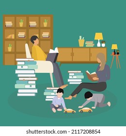 Creative Vector illustration drawing of father and mother is having time to read a book at home accompanied by 2 children who are playing with toy cars. Modern Design Illustration Vector 