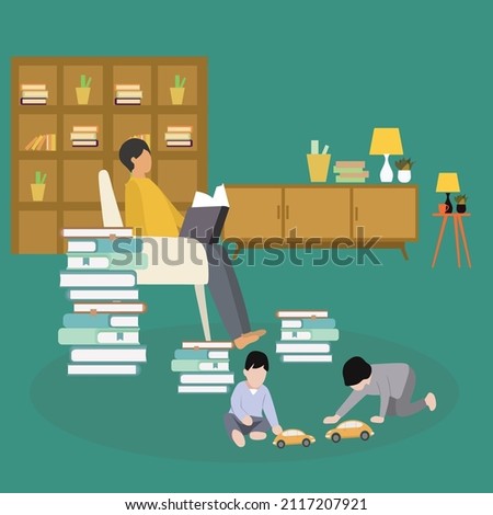 Creative Vector illustration drawing of a father is having time to read a book at home accompanied by 2 children who are playing toy cars. Father and two sons. Modern Design Illustration Vector 