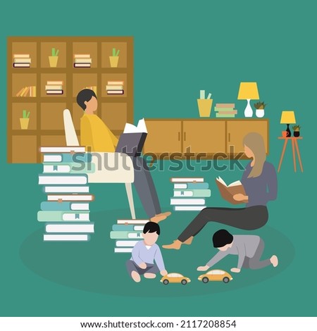 Creative Vector illustration drawing of father and mother is having time to read a book at home accompanied by 2 children who are playing with toy cars. Modern Design Illustration Vector 