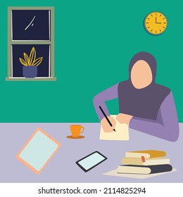 Creative Vector illustration drawing of A female Muslim student is writing ideas on paper with piles of books on the table, a cellphone, and a cup of coffee.smart female Muslim student. Modern Design